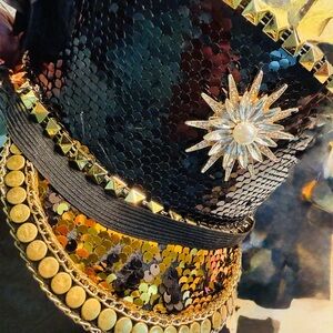 Gold and Black Sequin Hat with Starburst Brooch